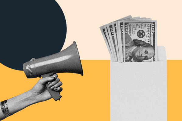 marketing budget represented by a bullhorn and cash in an envelope