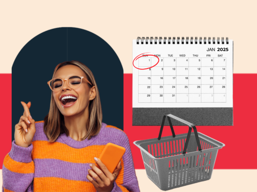 seasonal marketing campaign represented by a woman celebrating the new year with a shopping basket