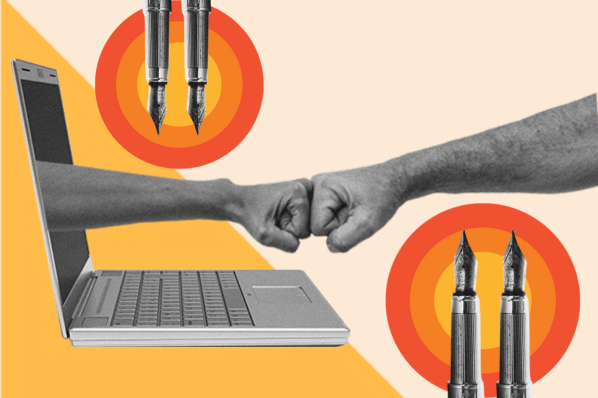 A hand fist bumps another hand coming out of a laptop. Both are surrounded by fountain pens symbolizing writing.