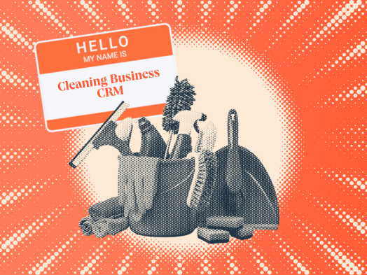 a hubspot featured image of halftone blue and white cleaning supplies, next to a nametag that says ‘hello my name is cleaning business crm’