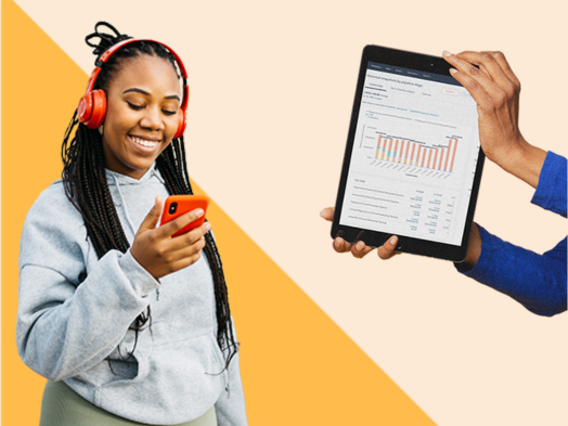 A woman checks her phone while working out and a hand shows marketing stats; CRMs for fitness