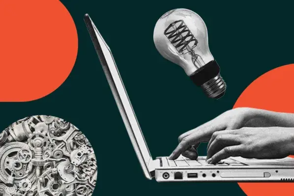 Collage showing AI tools including lightbulb, hands typing on a laptop, and gears against teal and orange background
