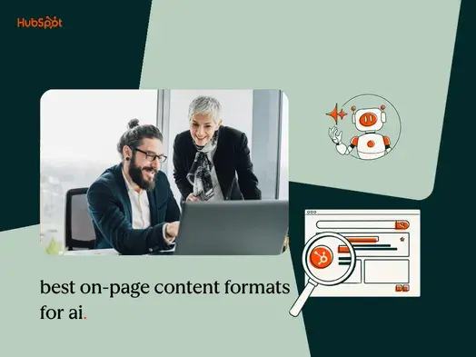 Man and woman look at best on-page content formats for AI on laptop